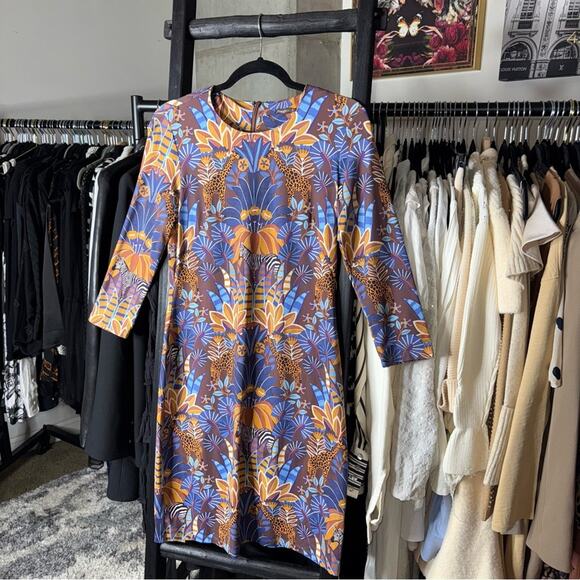 J. McLaughlin Sophia Safari Print Dress Brown Blue Gold - Picture 3 of 9